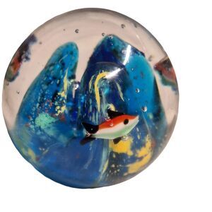 Murano Style Art Glass Tropical Fish Aquarium Reef Bubbles Paperweight 3" Diam